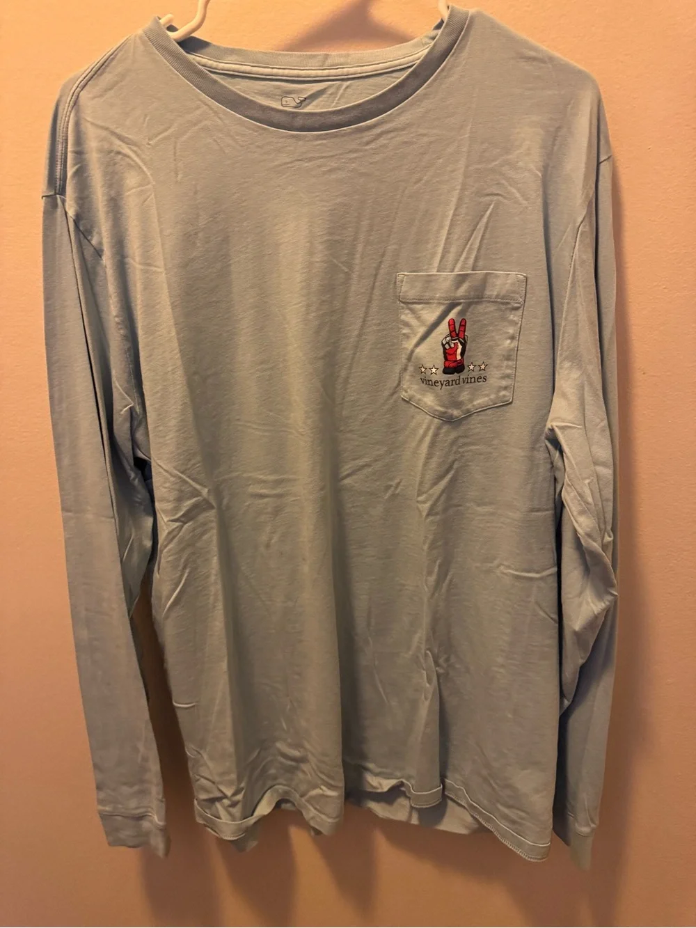 Vineyard Vines Pale Blue Long-Sleeve Pocket Tee with Red Pocket Graphic- Lacross